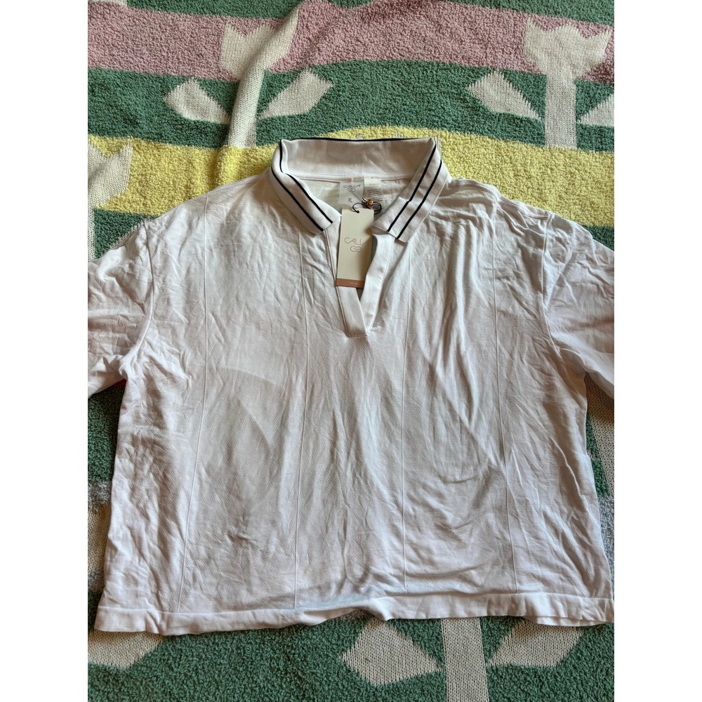 CALIA Womens Seamless Tipped Polo Pure White XL Short Sleeve‎ V-Neck Golf Top